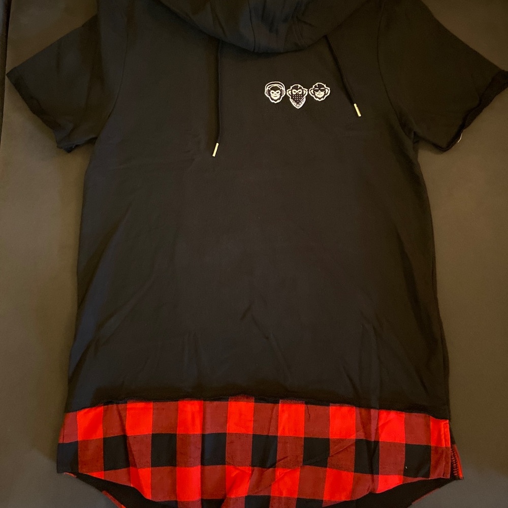 Hooded Short Sleeve Sweatshirt with Flannel Trim